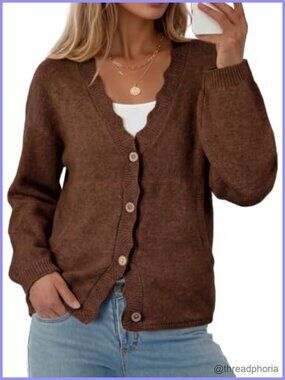 Oversized Button Up Knit Cardigan Sweater with Pockets Ruffle V Neck Long Sleeve